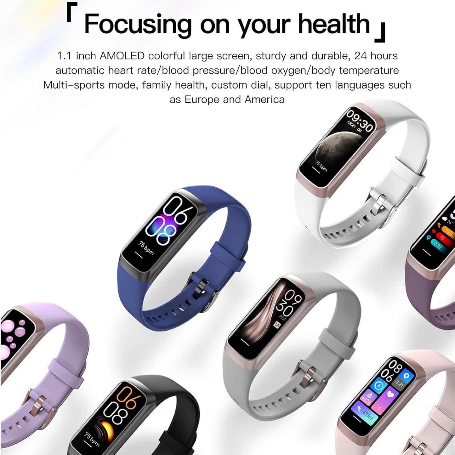 Revolutionary Health and Fitness Tracker for All: AMOLED Display, IP68 Waterproof, Heart Rate & Blood Pressure Monitoring, Compatible with Android & iOS