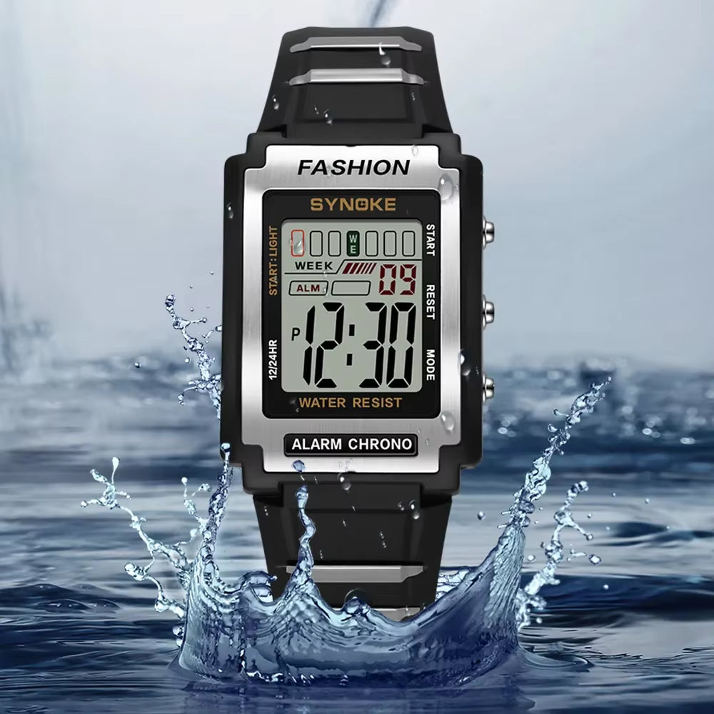 Stylish Men's Rectangular Sports Digital Watch - Waterproof 50M with Night Light and Alarm Function
