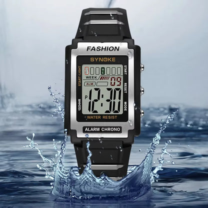 Stylish Men's Rectangular Sports Digital Watch - Waterproof 50M with Night Light and Alarm Function