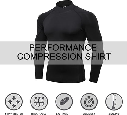 Men's 3-Pack Long Sleeve Mock Turtleneck Compression Shirts - Cooling Workout and Sun Protection Undershirts
