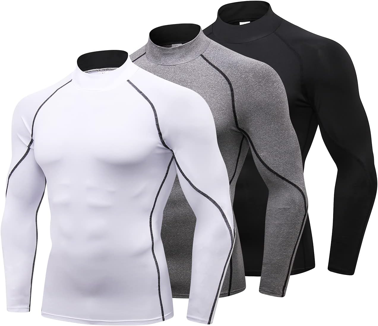 Men's 3-Pack Long Sleeve Mock Turtleneck Compression Shirts - Cooling Workout and Sun Protection Undershirts