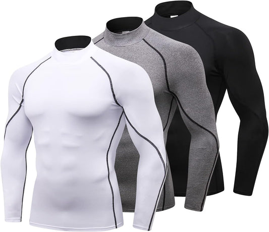 Men's 3-Pack Long Sleeve Mock Turtleneck Compression Shirts - Cooling Workout and Sun Protection Undershirts
