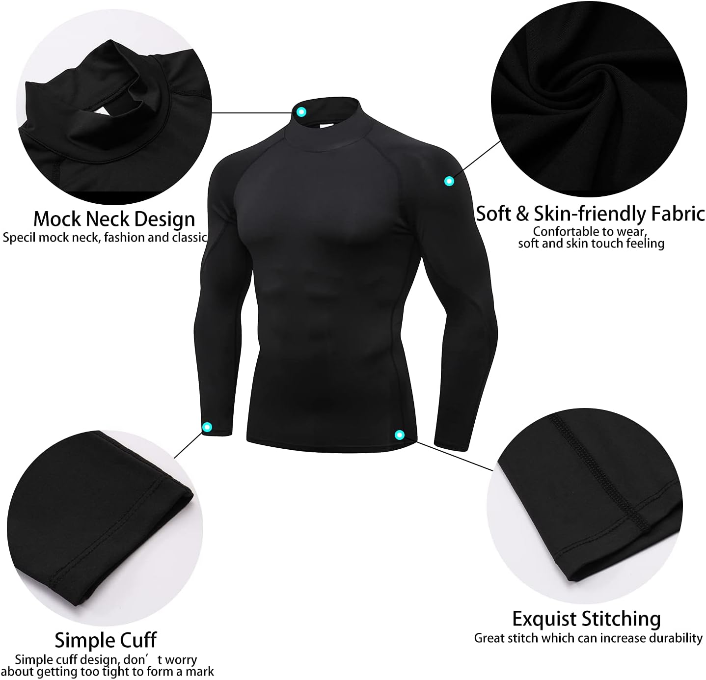 Men's 3-Pack Long Sleeve Mock Turtleneck Compression Shirts - Cooling Workout and Sun Protection Undershirts