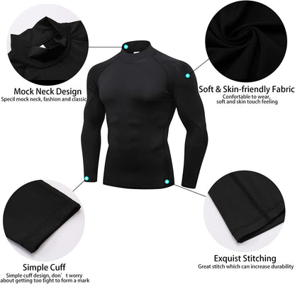 Men's 3-Pack Long Sleeve Mock Turtleneck Compression Shirts - Cooling Workout and Sun Protection Undershirts