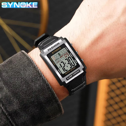 Stylish Men's Rectangular Sports Digital Watch - Waterproof 50M with Night Light and Alarm Function