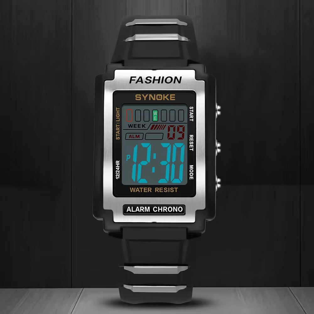 Stylish Men's Rectangular Sports Digital Watch - Waterproof 50M with Night Light and Alarm Function