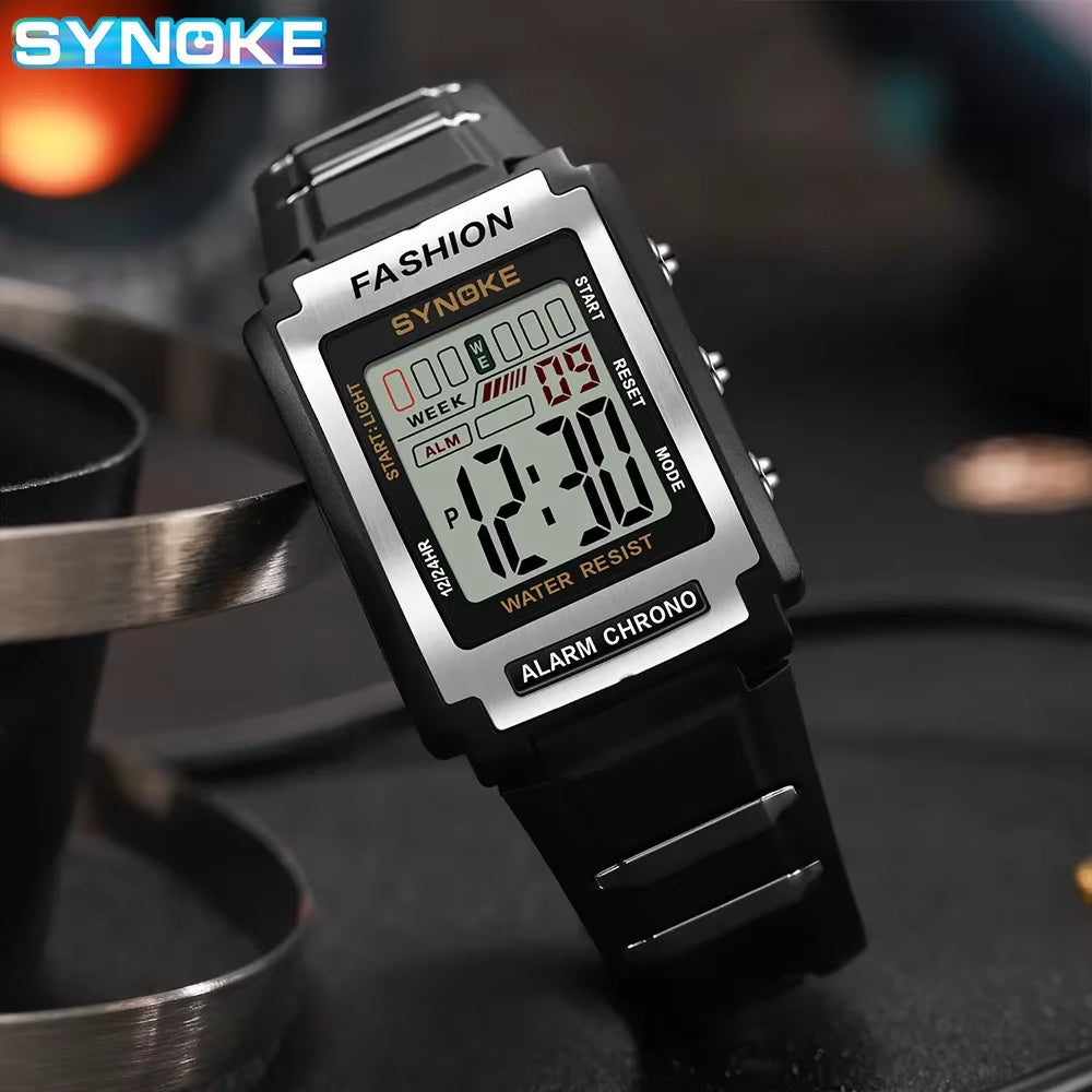 Stylish Men's Rectangular Sports Digital Watch - Waterproof 50M with Night Light and Alarm Function