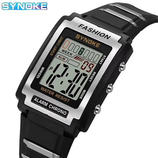 Stylish Men's Rectangular Sports Digital Watch - Waterproof 50M with Night Light and Alarm Function