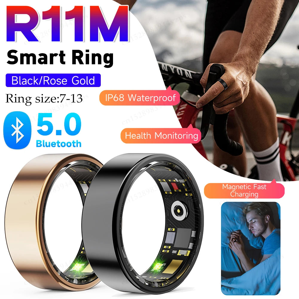 R11M Smart Fitness Ring - Waterproof, Magnetic Charging, Heart Rate & Blood Oxygen Monitor with Bluetooth 5.0